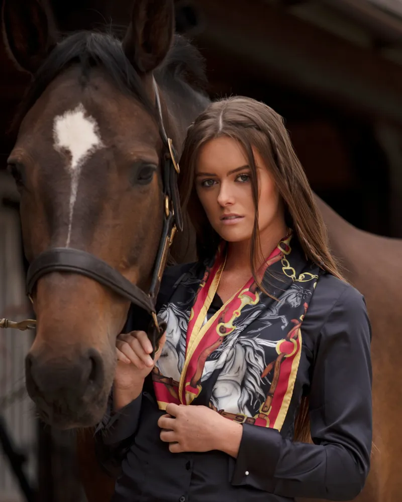 Clare Haggas Hold Your Horses Narrow Silk Scarf Liquorish and Gold-1